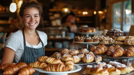 Happy baker greets customers
