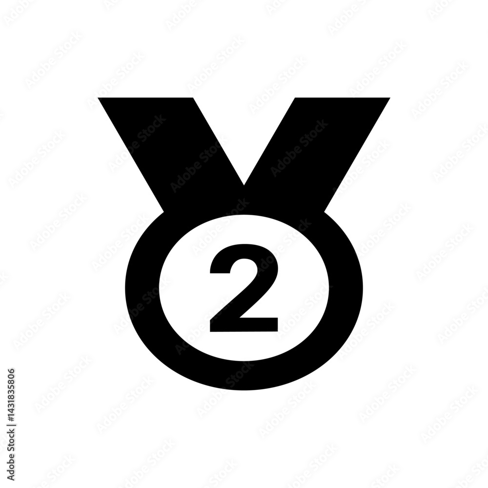 Poster second place medal icon with ribbon and number two displayed in the center of the circle shape