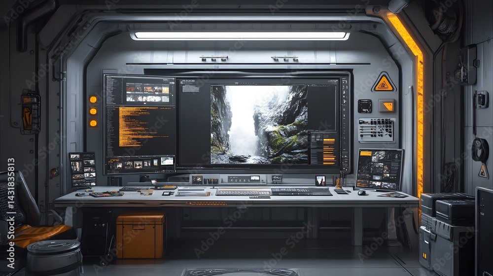 Poster futuristic workspace with a large monitor displaying a stunning landscape.