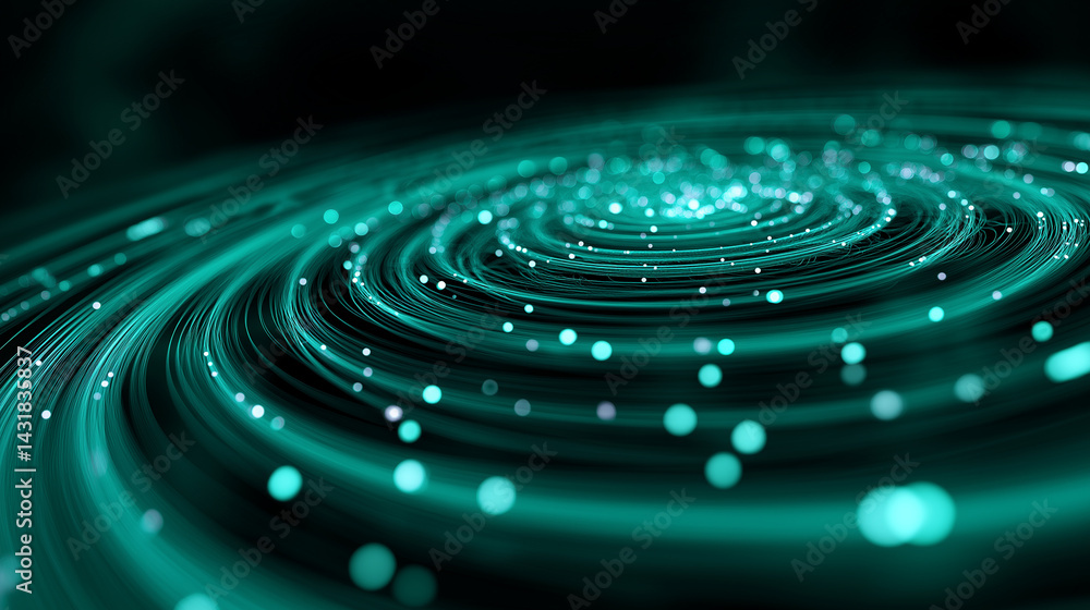 Poster glowing turquoise spiral made of digital particles swirling in a dark abstract space.
