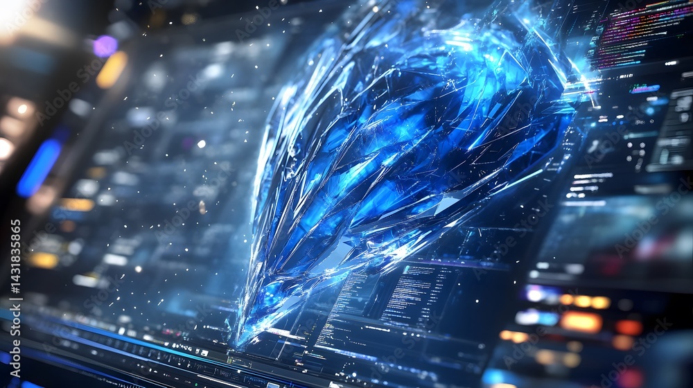 Poster abstract digital art depicting a glowing blue crystal shard emerging from a futuristic computer scre