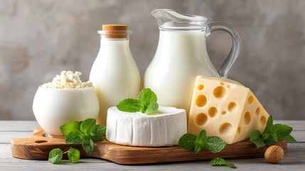 Dairy Delights: Milk, Cheese, and Mint - Fresh milk, creamy cheese, and vibrant mint leaves create a visually appealing and healthy dairy arrangement. Symbolizing freshness, nutrition, purity