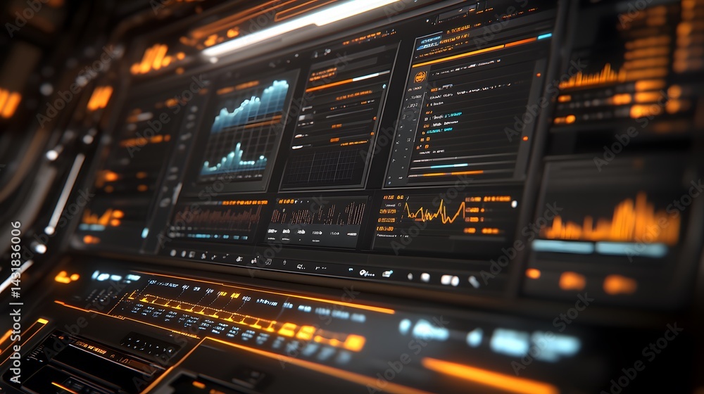 Poster close-up of a futuristic digital dashboard displaying various graphs, charts, and data streams. oran