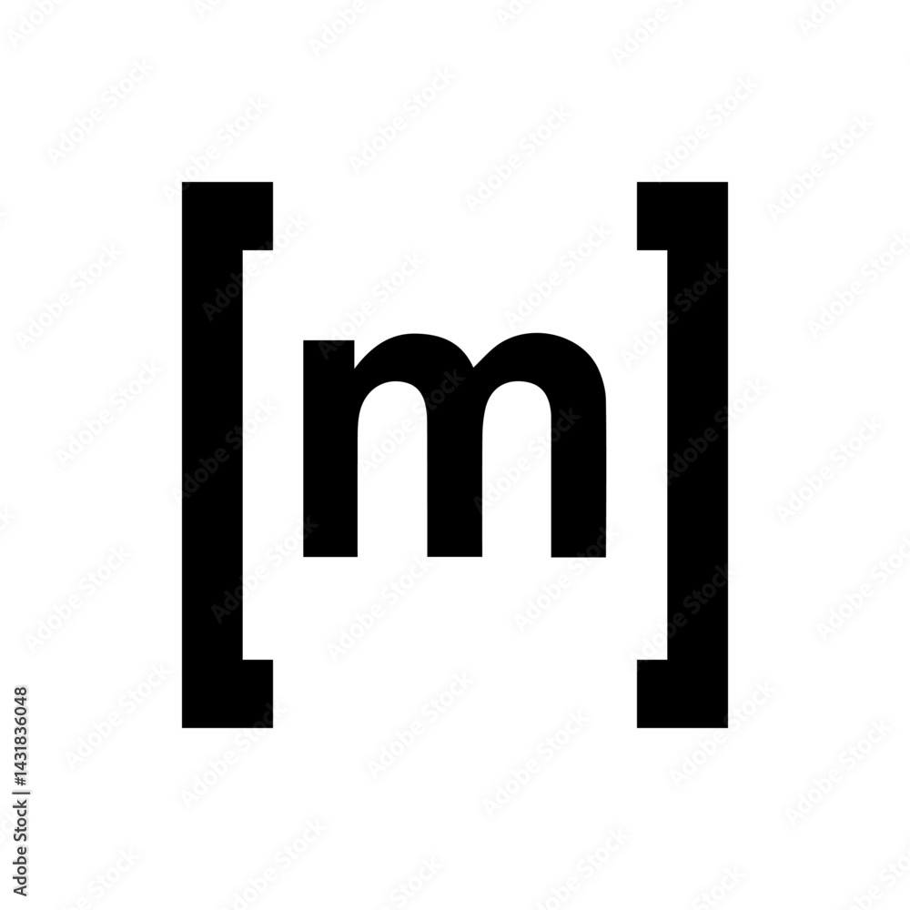 Poster letter m enclosed within square brackets in a bold black font on a white background design element