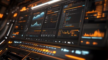 Close-up of a futuristic digital dashboard displaying various graphs, charts, and data streams. Orange accents illuminate the sleek, dark interface, suggesting advanced technology and monitoring.