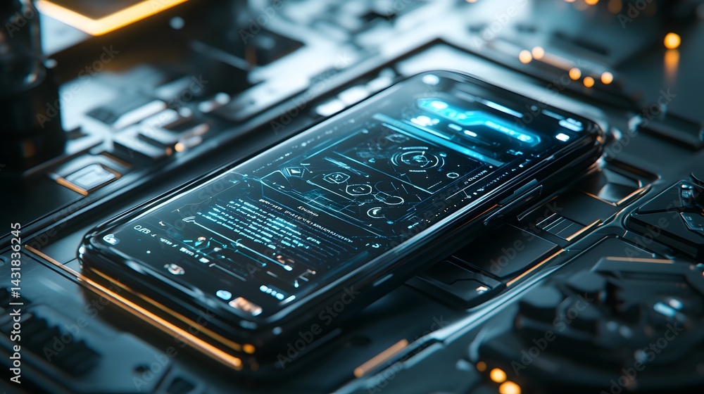Aufkleber futuristic smartphone with holographic interface rests on a sleek, dark tech surface. glowing accent