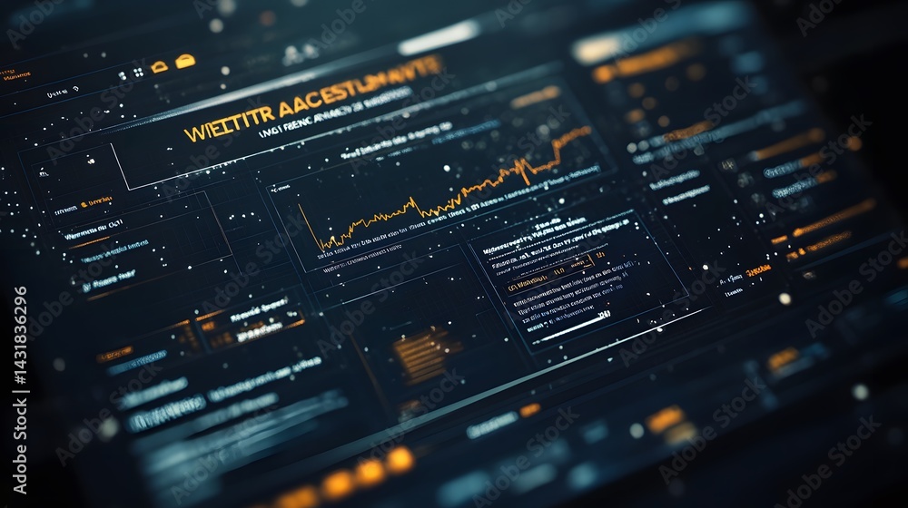 Poster close-up of a futuristic digital interface displaying data streams, graphs, and charts.