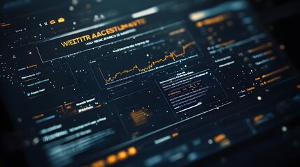 Close-up of a futuristic digital interface displaying data streams, graphs, and charts.