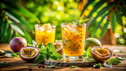 Fototapeta premium Refreshing Iced Passion Fruit Drink: Summer Tropical Beverage Photography
