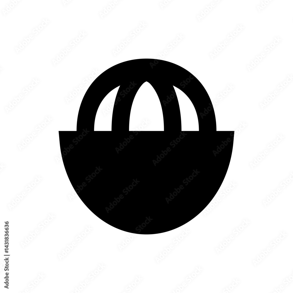 Poster illustration of a black basket with a rounded base and three arched handles in a simple design style