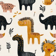 Wall murals Adorable Safari Animals Illustration: Cute Cartoon Giraffe, Zebra, Lion, Dinosaur and Elephant Pattern