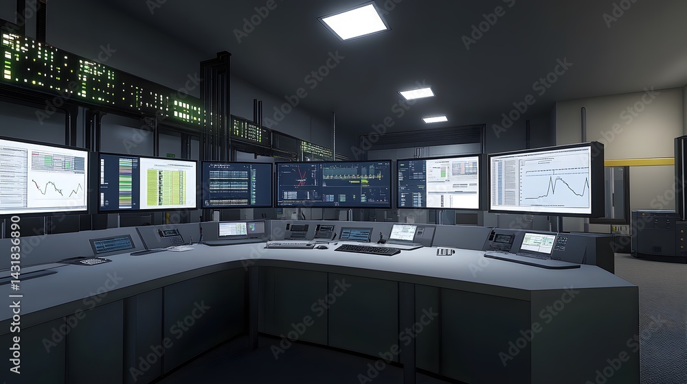 Poster a modern control room at night, featuring multiple large monitors displaying graphs and data. the ro