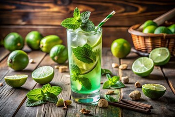 Refreshing Mint Mojito Cocktail on Rustic Wood - Summer Patio Party Drink