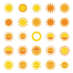 Cartoon sun icon. Flat and hand drawn summer symbols. Sunshine shape logo. Morning sun silhouettes and sunny day weather elements vector set. Bright orange sunlight with beams and rays