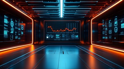Futuristic corridor with glowing orange and blue neon lights, displaying stock market data on a large screen.  The scene is sleek and technological, ideal for tech, finance, or future concepts.