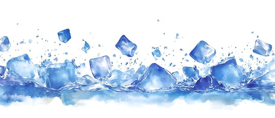 Watercolor illustration of ice cubes splashing in water, isolated on white