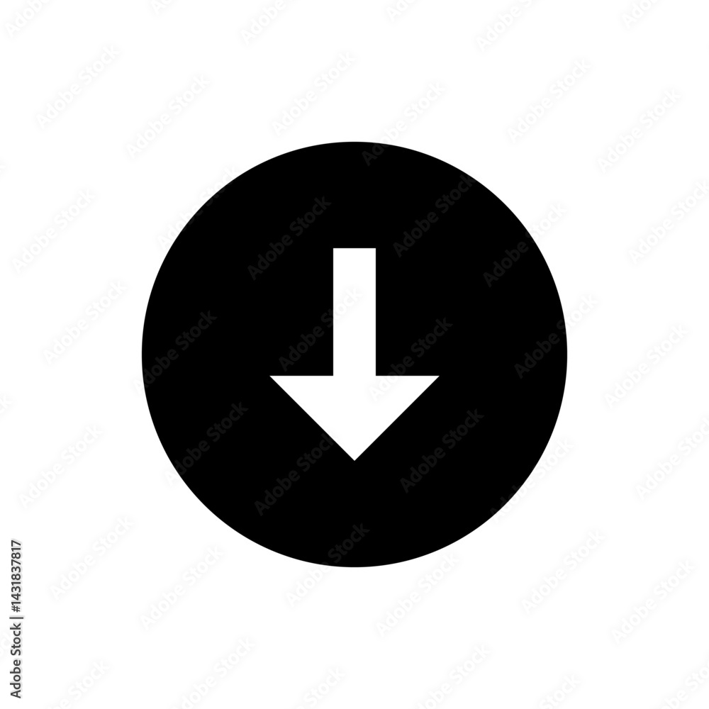 Poster a black circle containing a white arrow pointing downwards in the center of the circular shape image