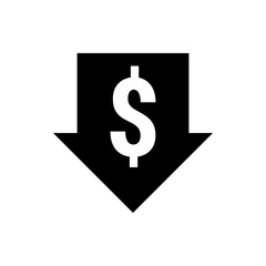 Black downward arrow containing a white dollar sign indicating price reduction and financial loss