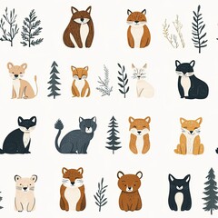 Naklejka premium Adorable Woodland Creatures Seamless Pattern: Cute Foxes, Cats, and Bears in a Winter Wonderland Design
