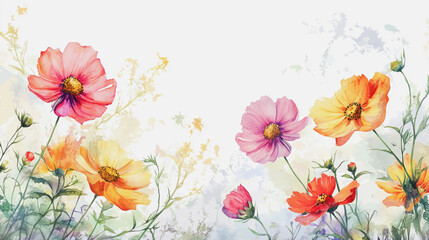 Elegant wedding invitation card background . Minimal hand painted watercolor Cosmos flowers texture template background. Design for wedding, vip cover, poster, rsvp moderncard.Valentine's Day