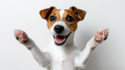Happy Jack Russell Terrier dog with paws up and a joyful expression against a light background.

