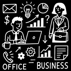 Hand-drawn doodle illustration of business people, charts, and office icons representing workplace, growth, and communication on black background. Vector illustration
