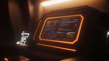 Close-up of a futuristic digital interface with glowing orange accents. The screen displays complex data and graphs, suggesting advanced technology and a sci-fi setting.
