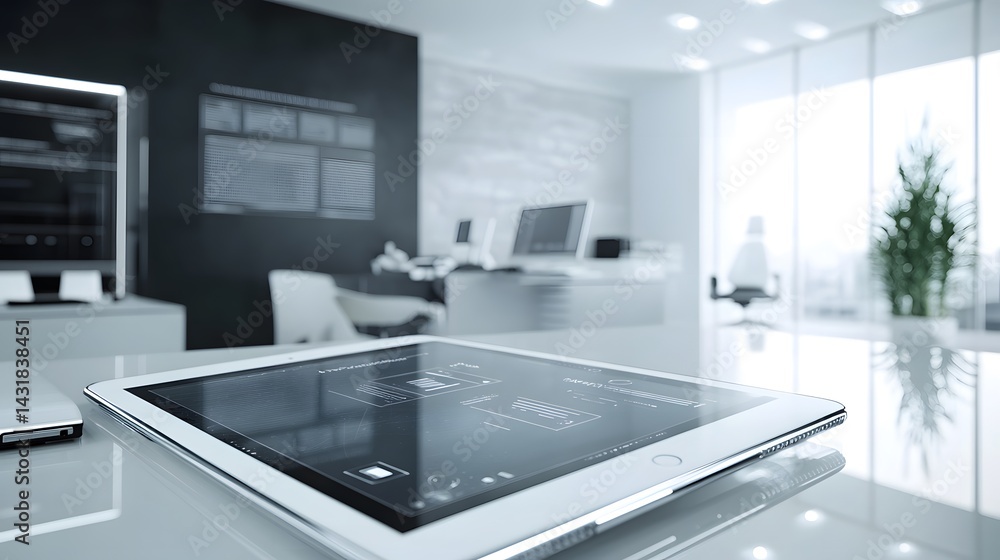 Poster a modern office interior with a tablet displaying a clean interface. blurred background shows comput