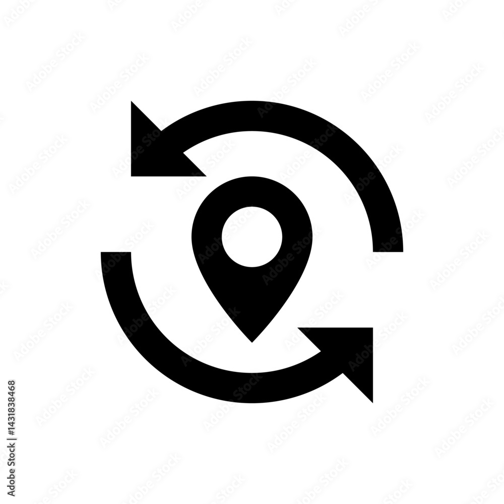 Poster location pin icon with circular arrows indicating refresh or update on a white background design ele