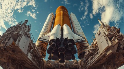A view of a space shuttle on a launch pad, showcasing its engines and structure.