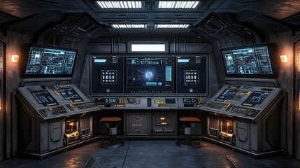 Futuristic control room with multiple monitors displaying data streams and intricate consoles. Sleek, dark gray metallic design with orange accents. Two stools are in front of the central console.