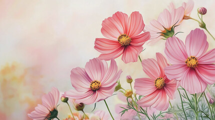 Elegant wedding invitation card background . Minimal hand painted watercolor Cosmos flowers texture template background. Design for wedding, vip cover, poster, rsvp moderncard.Valentine's Day