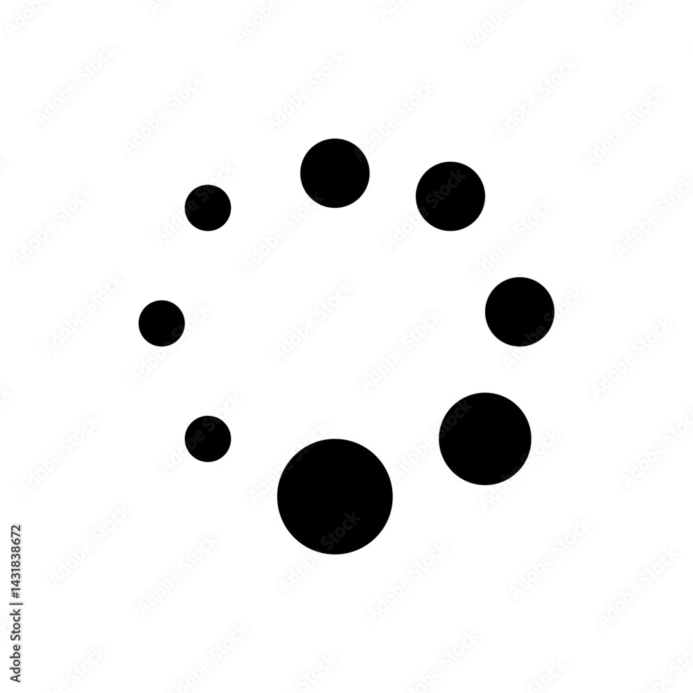 Poster black circles of varying sizes arranged in a circular pattern against a white background creating a 