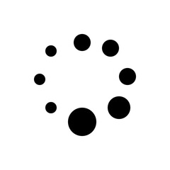 Black circles of varying sizes arranged in a circular pattern against a white background creating a loading icon