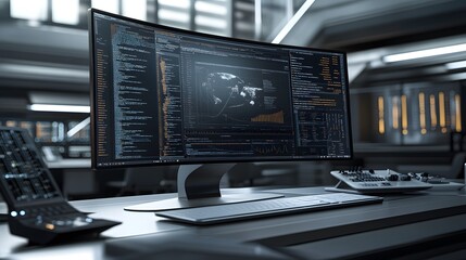 A futuristic workspace featuring a large curved monitor displaying code, data visualizations, and a world map. Sleek keyboard and control panel complete the scene.