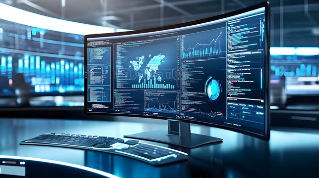 A curved ultrawide monitor displays complex data, code, and graphs.  Keyboard and mouse are visible on a sleek desk. The scene suggests a high-tech data center or cybersecurity operation.