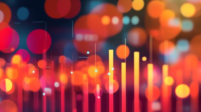 Abstract background with blurred bokeh lights in red, orange, and yellow hues, overlaid with vertical lines resembling a dynamic graph or cityscape. Perfect for technology, finance, or urban themes.