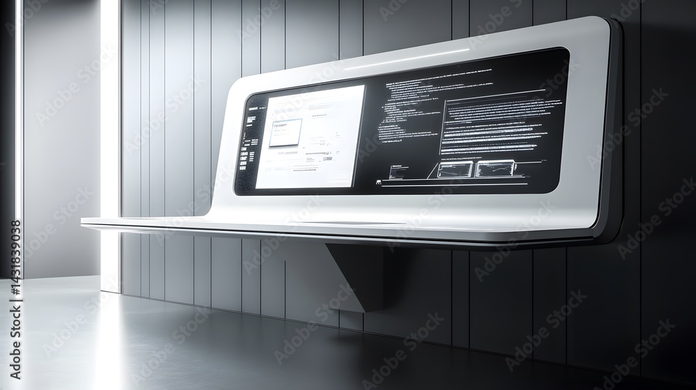 Aufkleber futuristic white interface mounted on a sleek dark wall. displays data and graphs, creating a modern