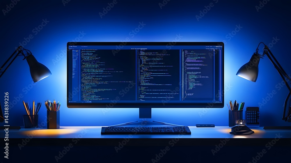 Poster a programmer's workspace bathed in blue light. a large monitor displays lines of code, flanked by de