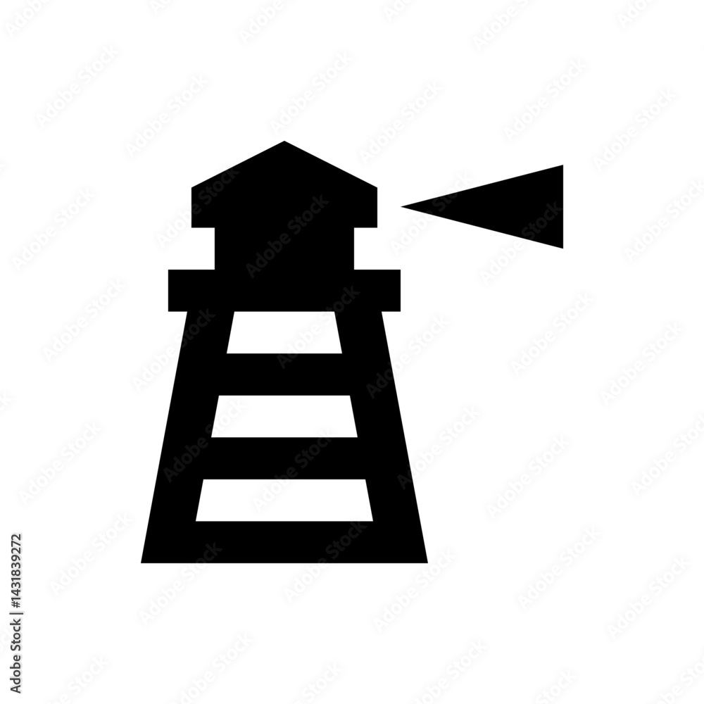 Poster a simple black and white lighthouse icon with a beam of light emitting from the top of the structure