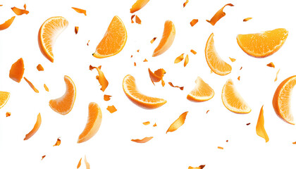 Fototapeta premium Falling orange slices. isolated on a white background. Fresh ripe oranges flying. Orange with cut in half pieces of fresh oranges, flying isolated on white background