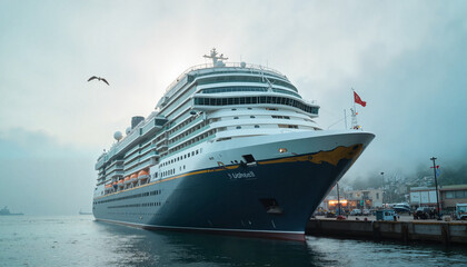 Elegant cruise liner at serene port in morning mist, tranquil journey