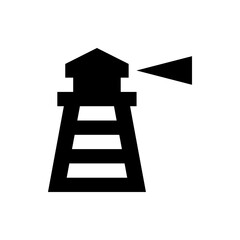 A simple black and white lighthouse icon with a beam of light emitting from the top of the structure