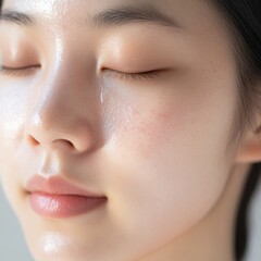 Fototapeta premium Natural beauty highlighted by bright studio lighting, showcasing skin texture and glowing complexion of a Korean woman with a radiant expression