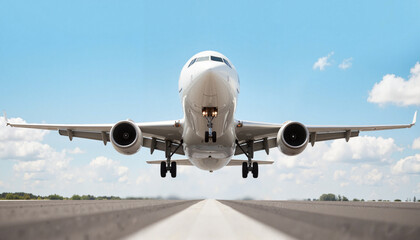 Fototapeta premium Airliner landing gear deployed over busy runway, aviation focus