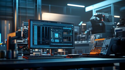 A futuristic industrial workspace with a computer displaying technical data.  Robotic arms and advanced machinery are blurred in the background, suggesting automation and technological innovation.
