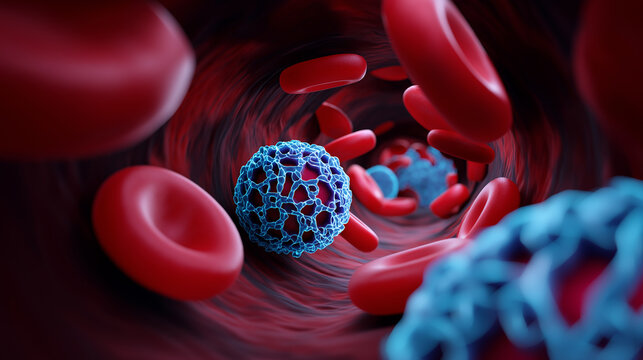3D illustration of red blood cells and blue nanoparticles flowing through a blood vessel.
 - Powered by Adobe