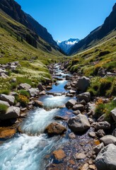 A quiet rocky stream cascading through a wildflower valley with clear water reflecting the blue sky and snowy peaks Generative AI