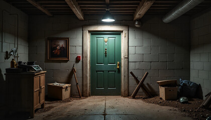 Mysterious green cellar door in dimly lit basement, suspenseful atmosphere