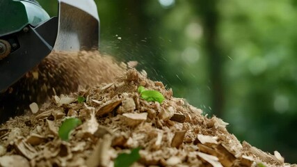 A garden scene with a pile of wood chips flying out of a wood chipper.